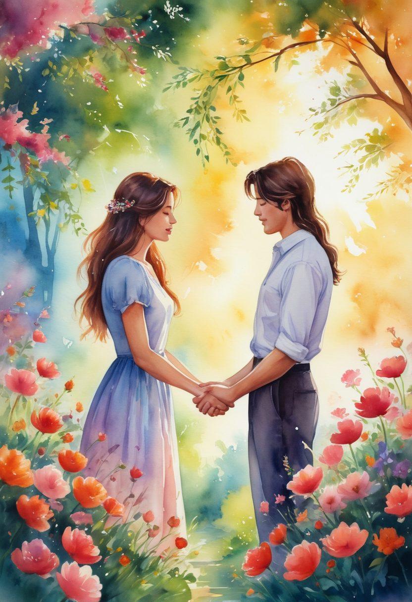 A romantic scene depicting a couple sharing a tender moment in a sun-drenched park, surrounded by blooming flowers and soft, glowing lights in the evening. The couple is gazing into each other's eyes, radiating love and affection, while a gentle breeze creates a sense of intimacy. Incorporate symbols of devotion, like intertwined hands and a heart-shaped backdrop. watercolor painting. vibrant colors. soft focus.