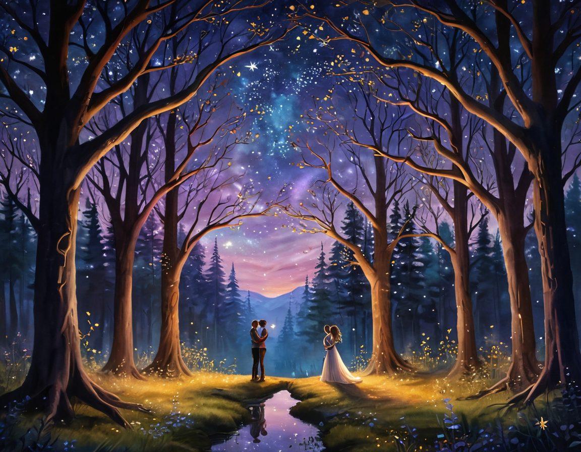 A whimsical forest scene at twilight, featuring a couple in love, surrounded by glowing fireflies and twinkling stars. Enchanted trees arch overhead, with hearts and magic sparkles floating in the air, creating an ethereal ambiance. Soft, warm colors dominate the image, evoking feelings of romance and adventure. delicately painted. vibrant colors. fantasy style.