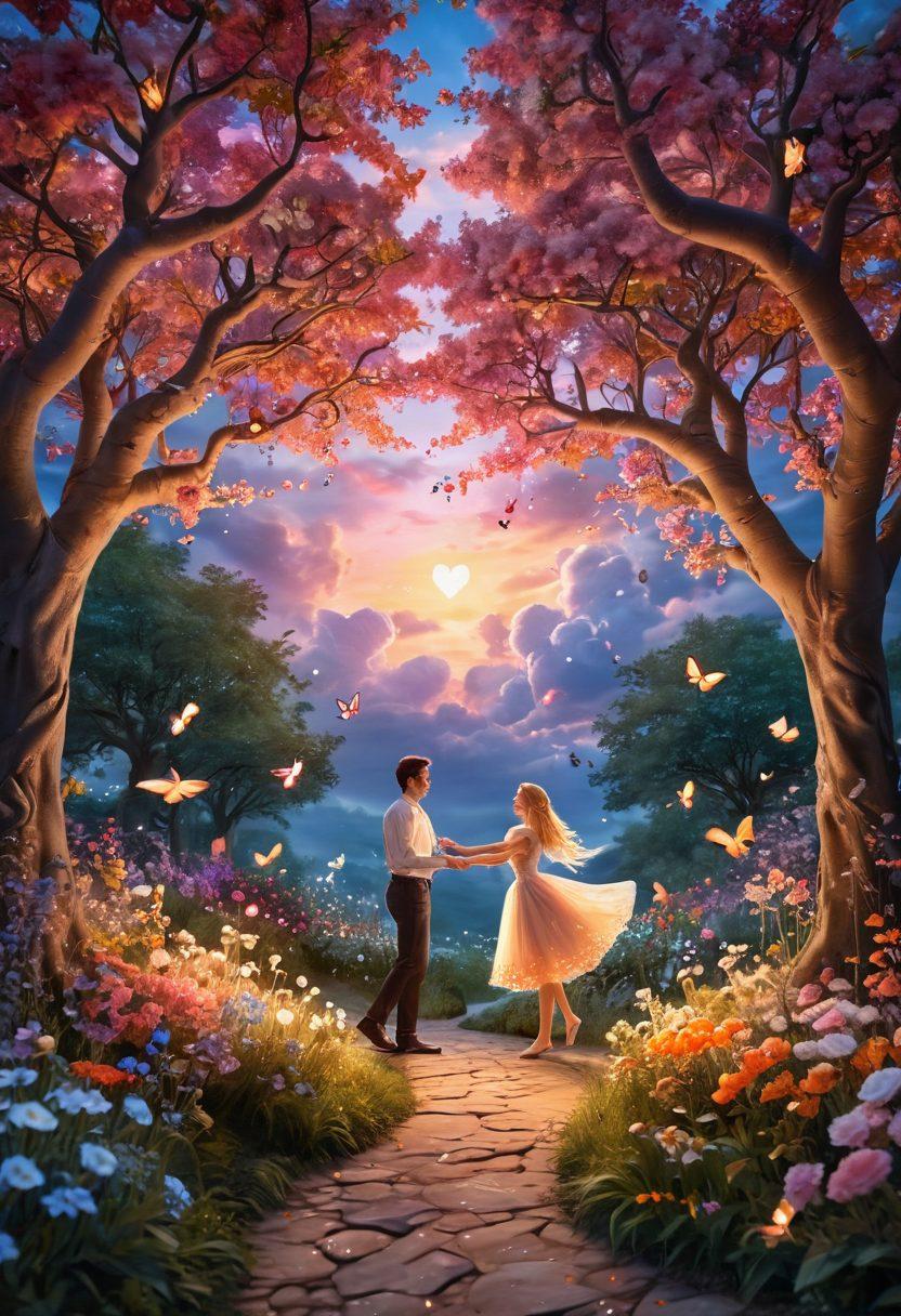 A whimsical garden filled with blooming flowers and twinkling fairy lights, where a couple dances on a path made of candy. Surround them are fluttering butterflies and soft clouds in a dreamy sunset sky. Include elements of fantasy like a glowing heart-shaped tree in the background. magical realism. vibrant colors. dreamy atmosphere.
